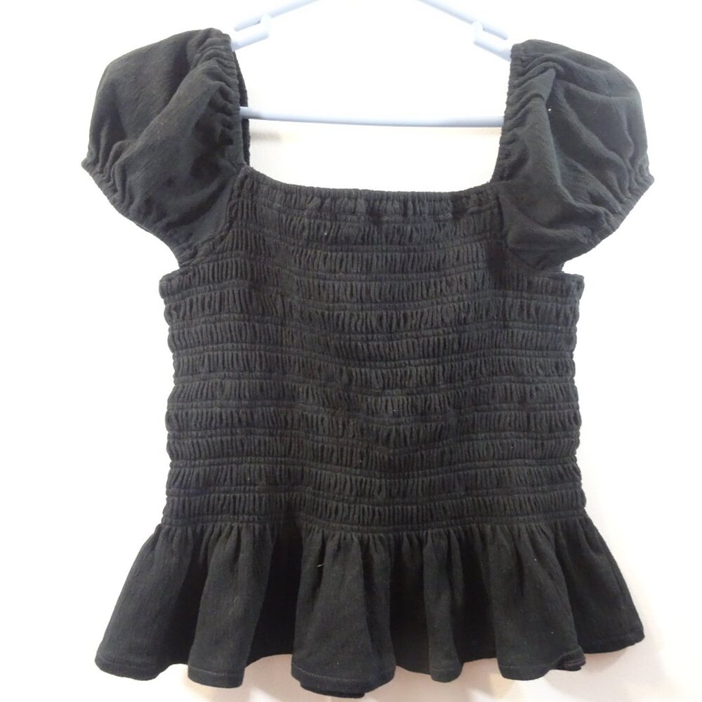 Madewell Square-Neck Smocked Peplum Short Sleeve Top Black Size L Stretch Crop - Picture 5 of 5